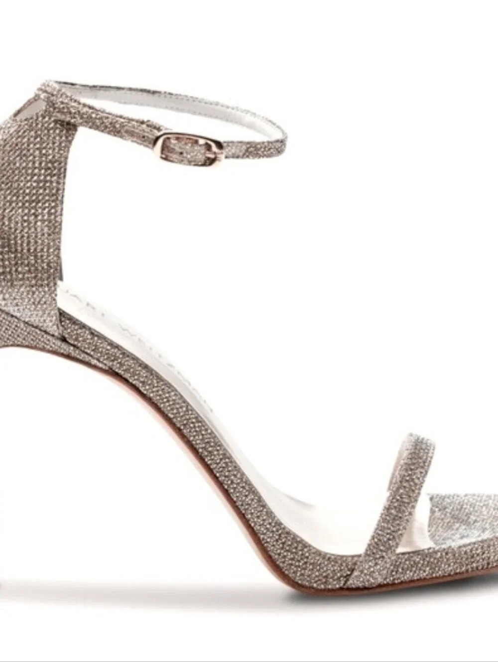 Stuart Weitzman Nudist Ankle Strap Heels Sandal in Platinum Noir, Size 9